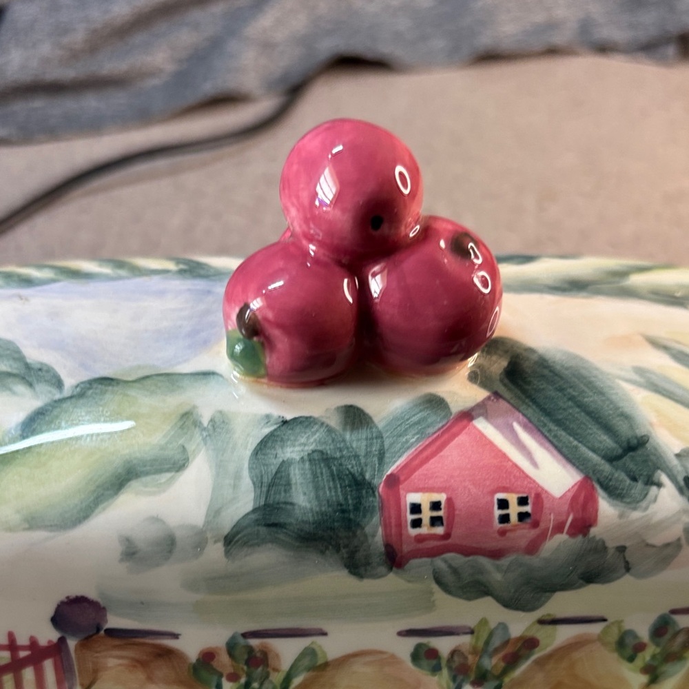 Hand-Painted Mismatched Ceramic Butter Dish with Pink Accents - Picture 2 of 7